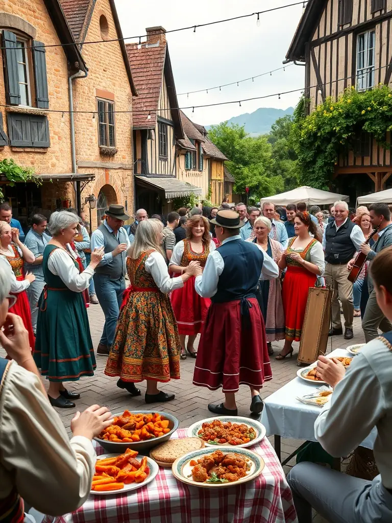 A photo of a community event celebrating local traditions in Limousin, featuring music, dance, and traditional food, emphasizing social cohesion and cultural pride.