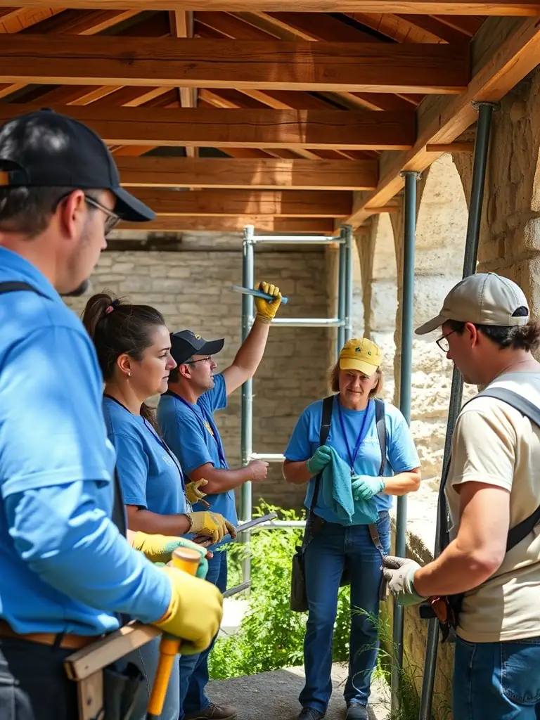A photo of volunteers working on a heritage preservation project, such as restoring a traditional building or maintaining a historical site. The image should emphasize community involvement and dedication.