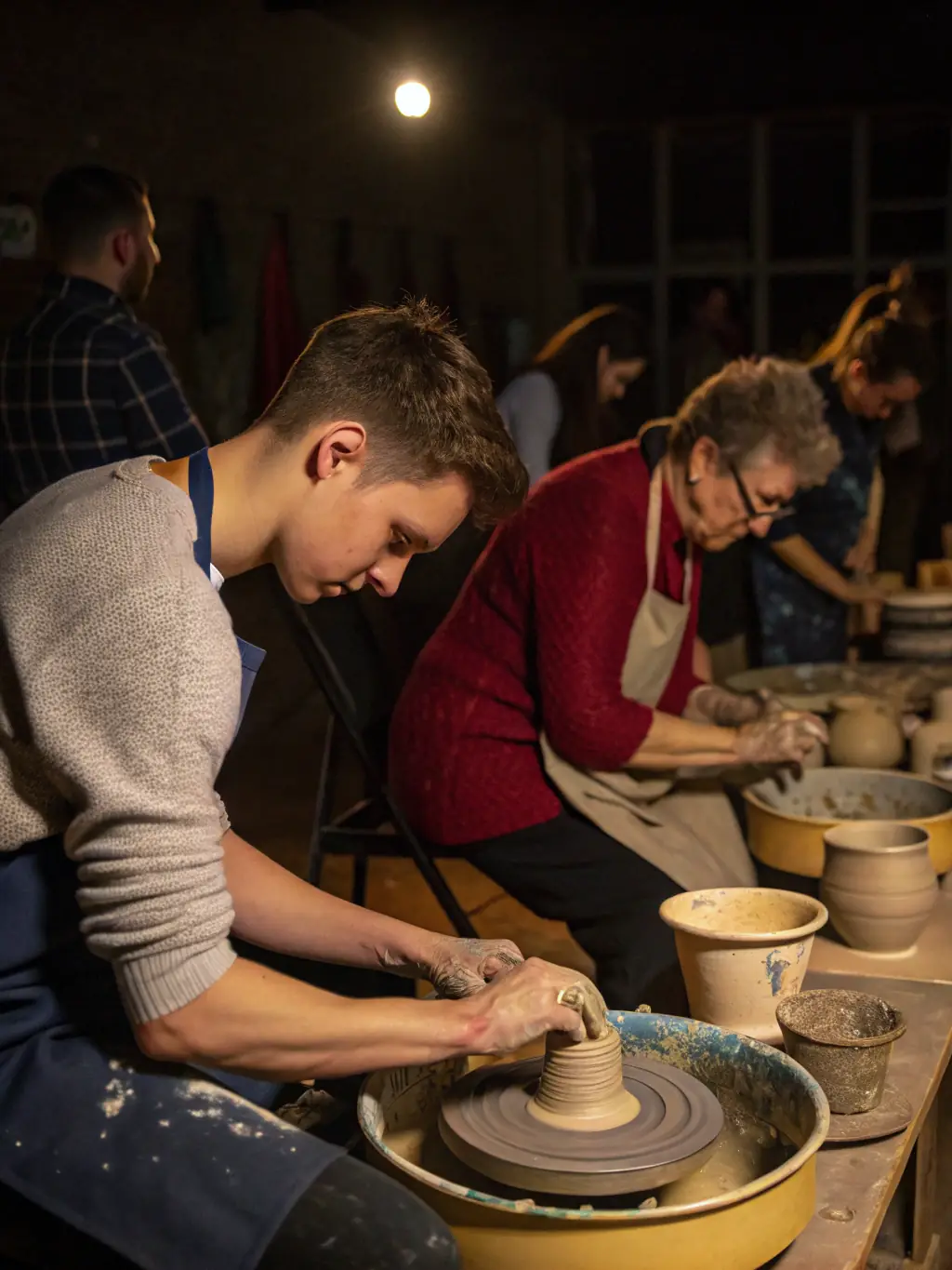 A photograph capturing a group of children participating in a pottery workshop, learning traditional Limousin crafting techniques, set in a rustic, sunlit studio.