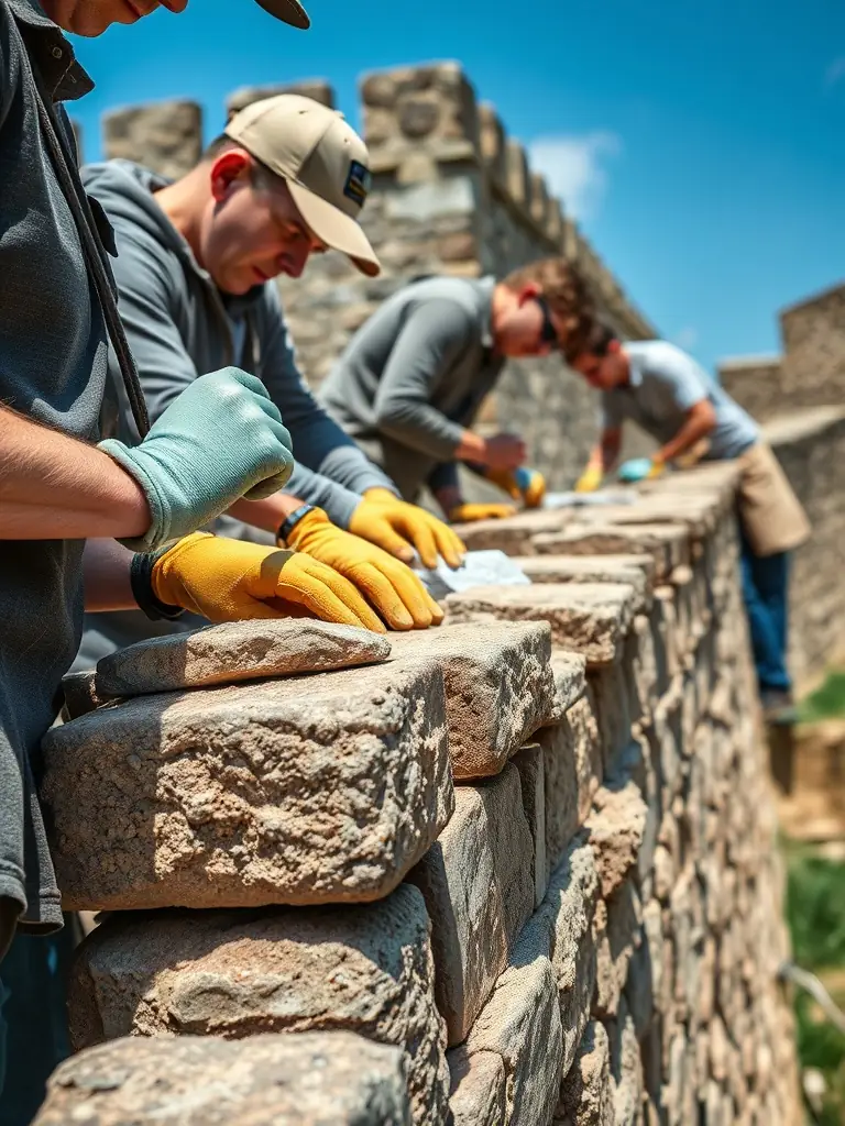 A photograph showcasing a group of volunteers restoring a historical building in Limousin, focusing on teamwork and preservation efforts.