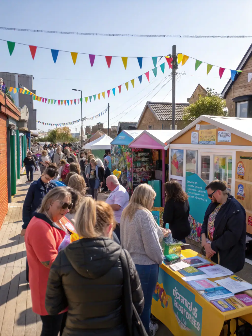 A wide shot of a community event organized by LES AMIS DE LA MAISON DU PATRIMOINE, showcasing local artists, musicians, and food vendors, with diverse community members enjoying the festivities.