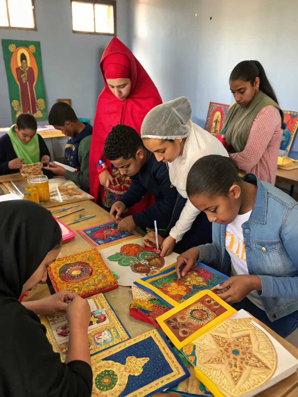 A photograph capturing a group of local students participating in a heritage workshop, learning traditional crafts from a skilled artisan in a historical building.