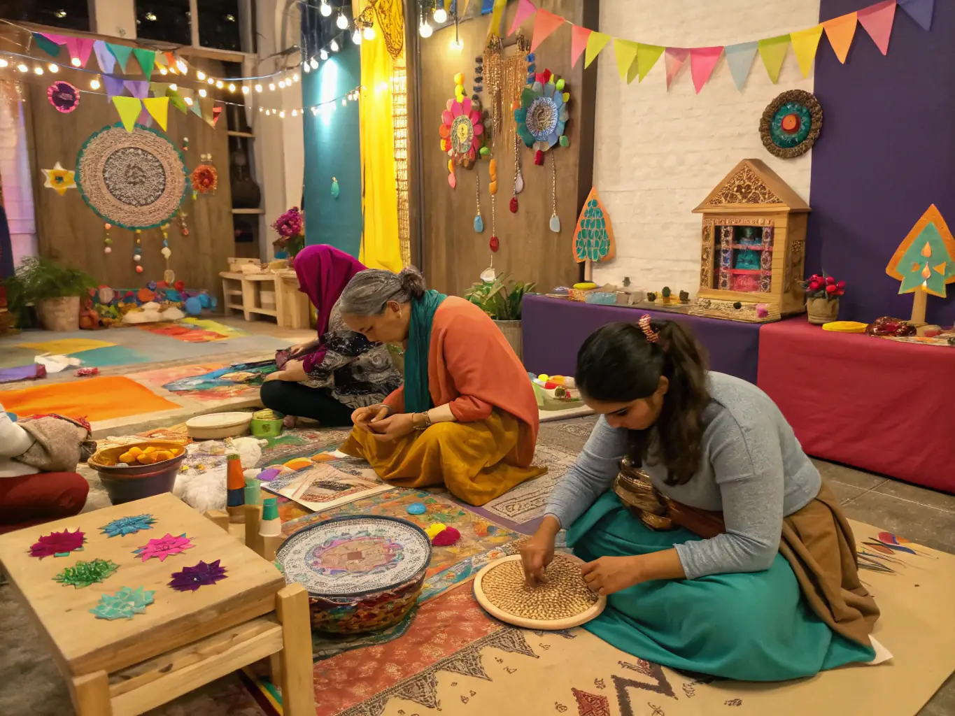 A vibrant image of a traditional craft workshop, where participants are learning a traditional Limousin craft from a skilled artisan, showcasing the preservation of local skills.