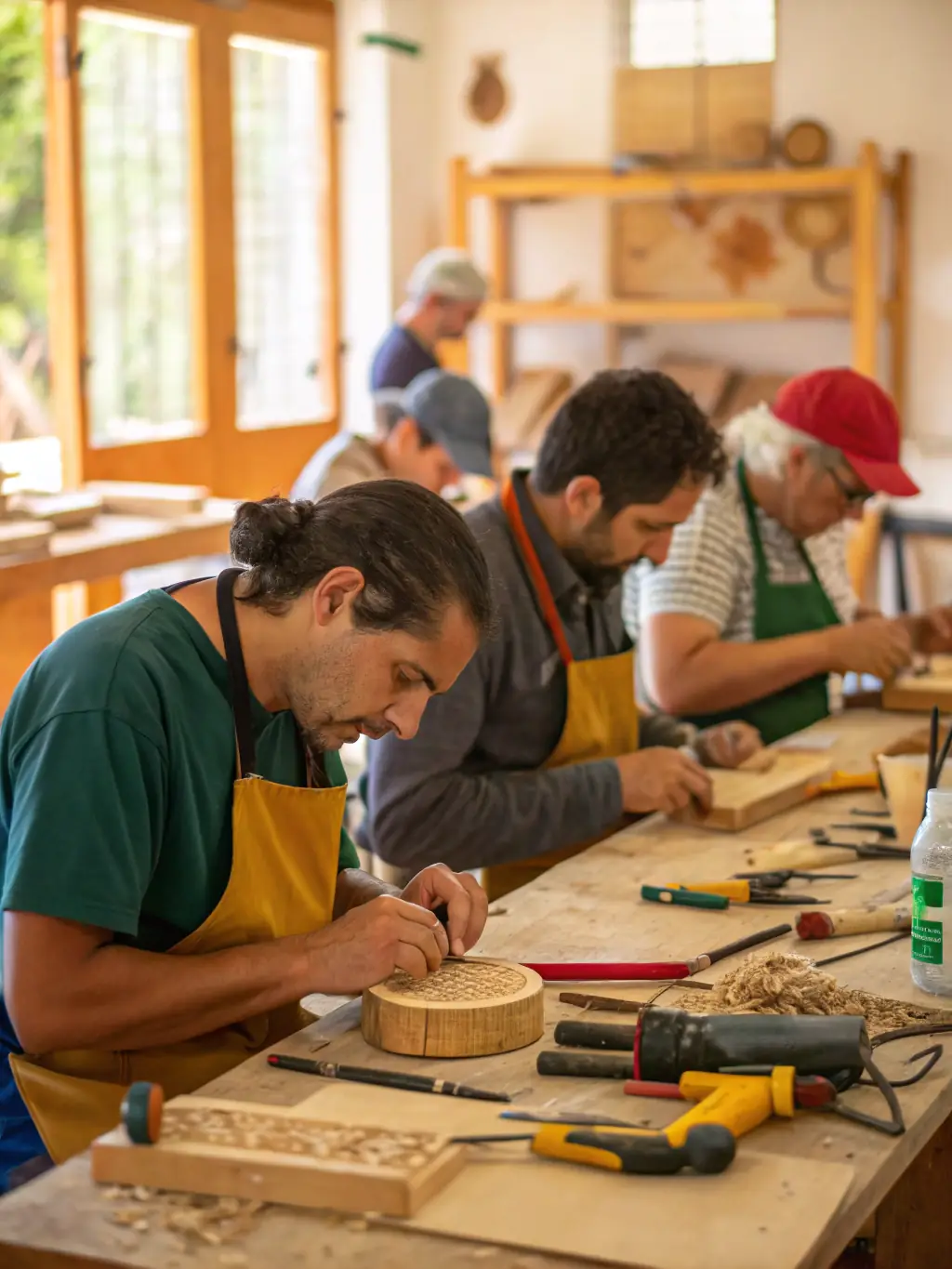 A workshop session where participants are learning traditional crafts from local artisans, organized by LES AMIS DE LA MAISON DU PATRIMOINE, emphasizing the transmission of savoir-faire and cultural preservation.