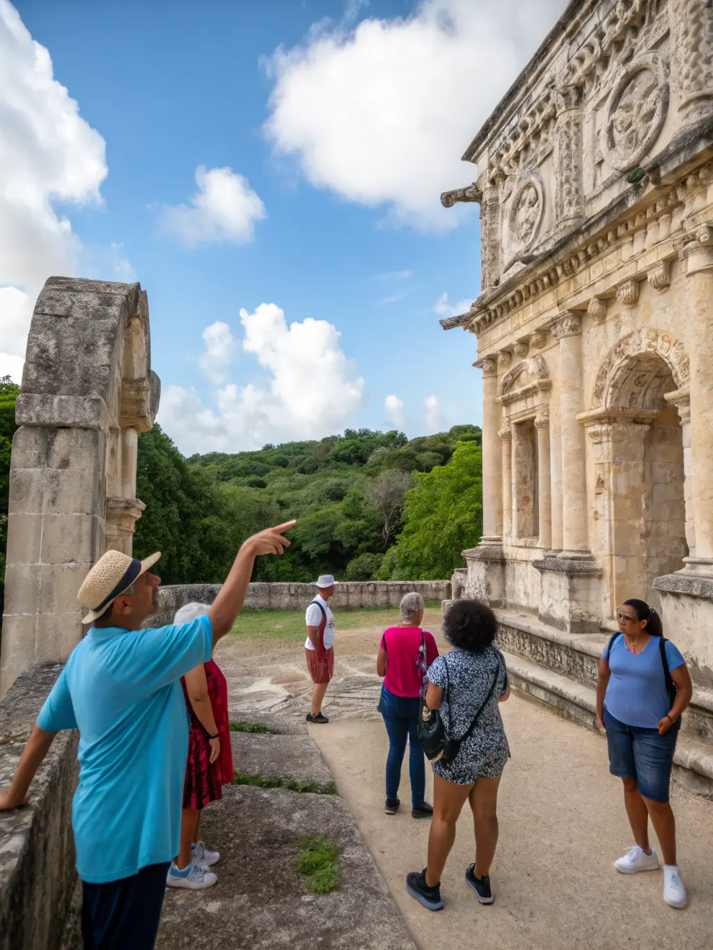 An image of a historical site in Limousin, with a tour guide explaining its significance to a group of visitors. The scene should highlight the historical depth and cultural richness of the region.