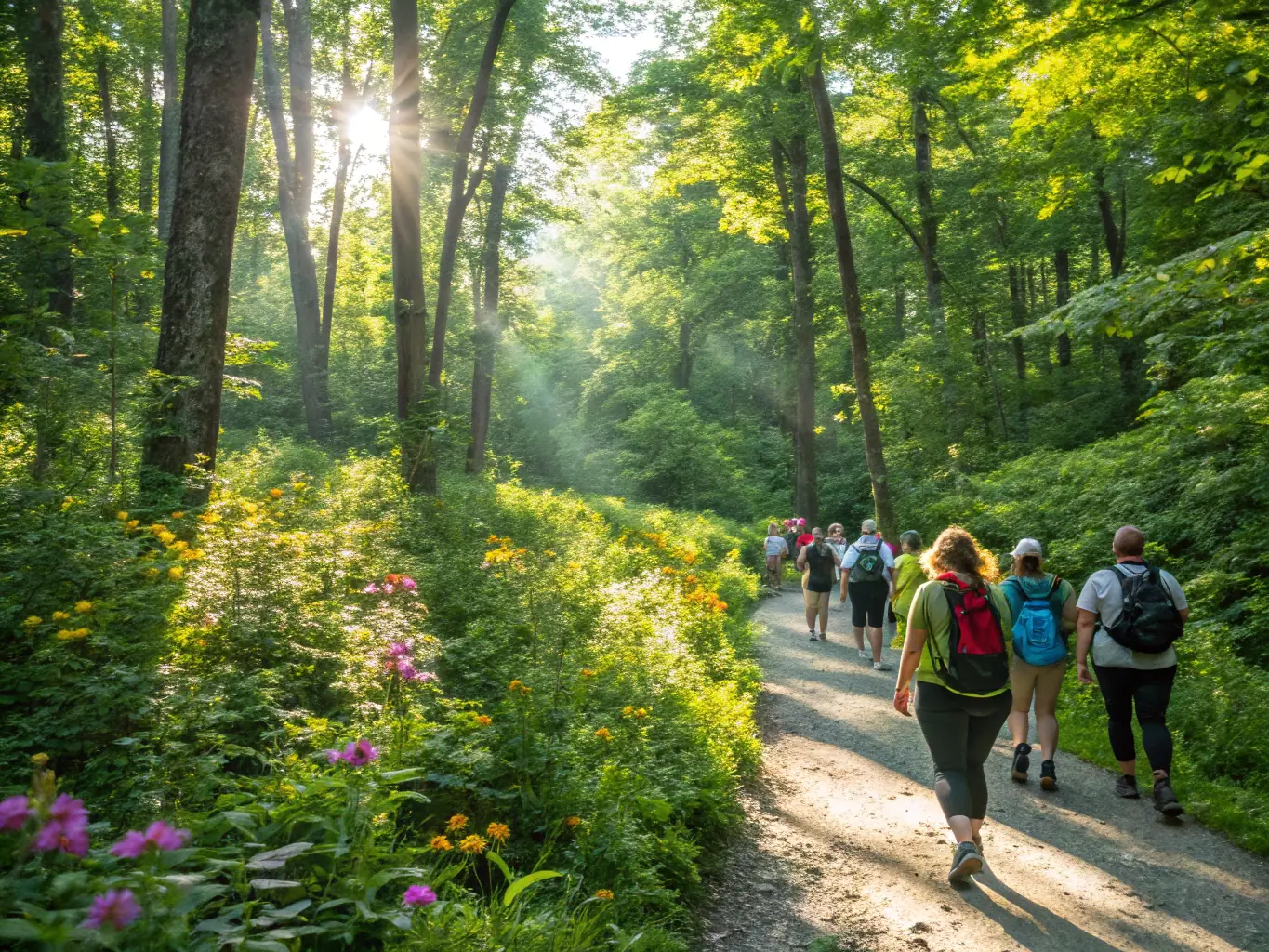A photograph of participants on a guided nature walk through the Limousin countryside, led by an expert in local flora and fauna, highlighting the region's biodiversity.