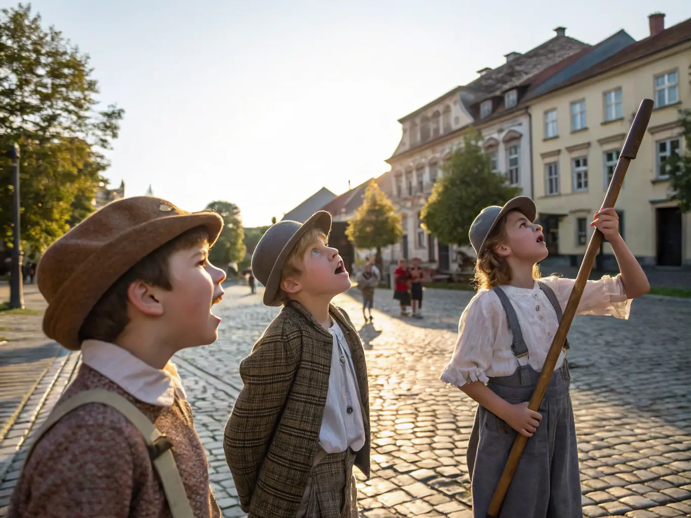 A group of children participating in a historical reenactment activity at a local heritage site, dressed in period costumes, with a knowledgeable guide explaining the historical context.