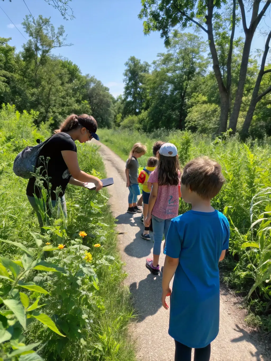 A group of children participating in an educational program about local flora and fauna, organized by LES AMIS DE LA MAISON DU PATRIMOINE, promoting environmental awareness and appreciation.