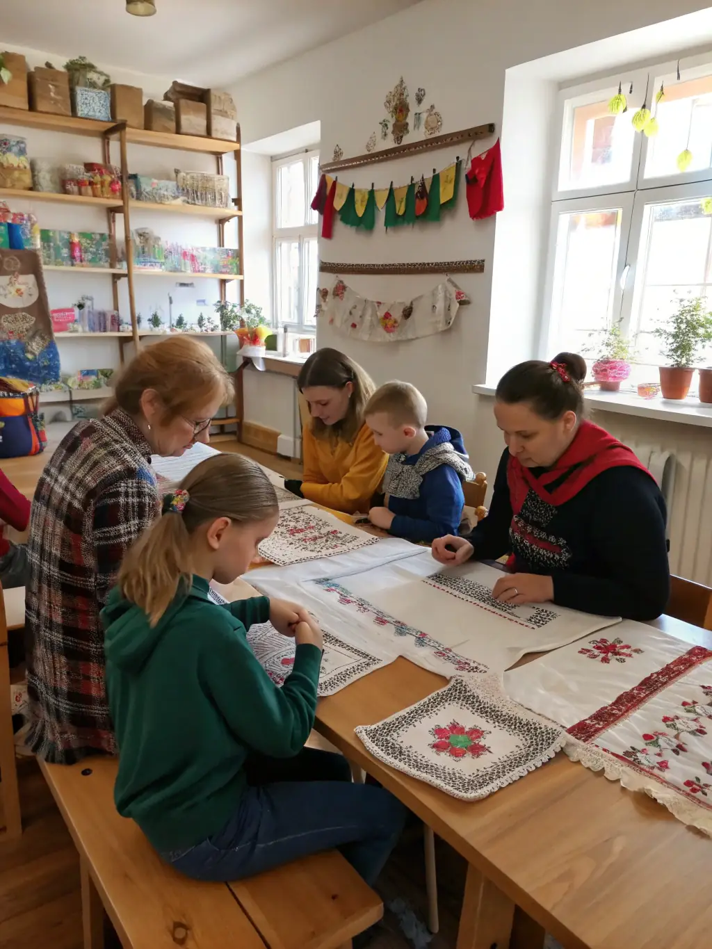 A vibrant image of a cultural workshop where participants are learning traditional Limousin crafts, emphasizing hands-on experience and cultural transmission.